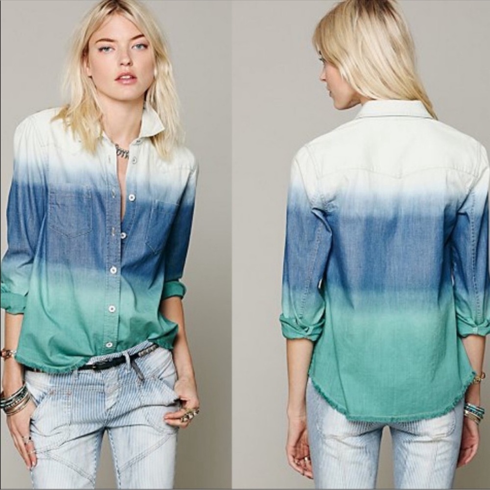 Free People Before Sunrise Ombré Button Down Shirt Blue/Green Size Small